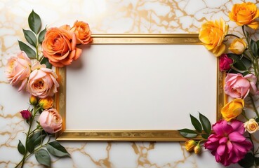 note paper  with golden frame on white marble table with colourful floral border, flatlay mockup top view with copy space