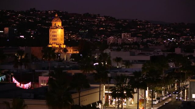 Night view of the historic Beverly Hills City Hall, built in 1932 in the California Churrigueresque architectural style in California, USA.