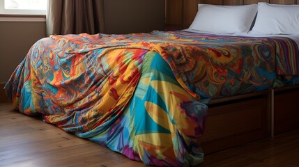 Picture showcasing a colorful, patterned bedspread draped over a bed with concealed storage drawers underneath - obrazy, fototapety, plakaty