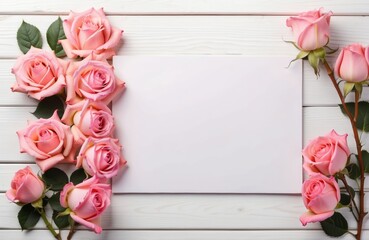 blank note paper on white wooden table with pink roses border, flatlay mockup top view with copy space - Powered by Adobe