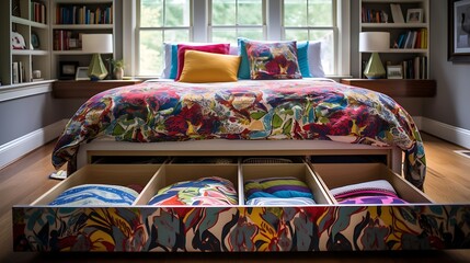 Picture showcasing a colorful, patterned bedspread draped over a bed with concealed storage drawers underneath
