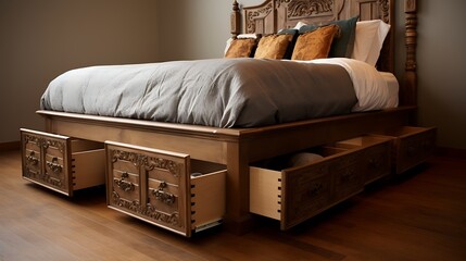 Obraz na płótnie Canvas Picture showcasing an ornate, antique-style bed frame with hidden drawers for under bed storage, adding a touch of vintage elegance