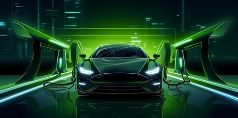 Electric car charging in the charging station, Generative AI illustrations.