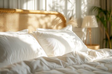 Fototapeta na wymiar Close-up on minimalistic hotel bed with rattan headboard : clean white folded blanket, bedsheets neatly placed on a bed linen in a room full of sunny reflections from plants