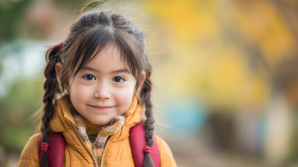 Fototapeta premium Smiling young girl with autumn leaves backdrop.
