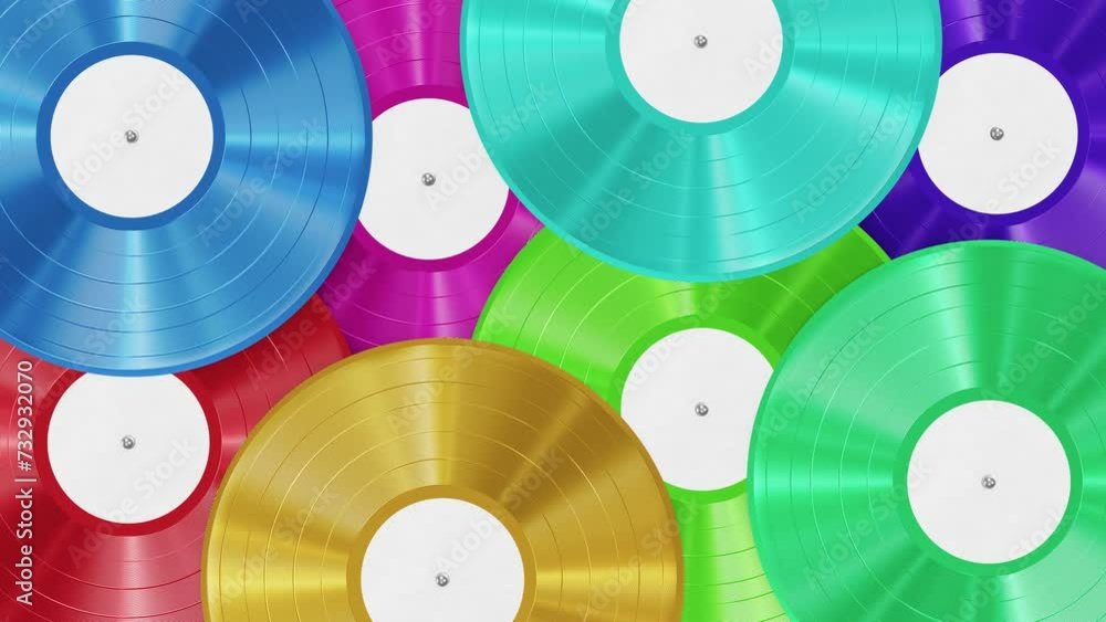 Aufkleber realistic seamless looping 3d animation of the spinning fancy colorful vinyl records with a blank wh