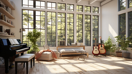 A visualization of a home studio with ample natural light through casement windows.