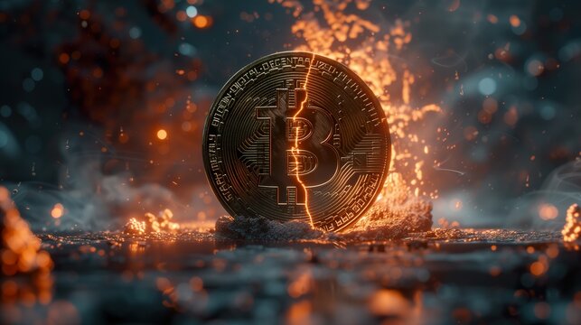 Bitcoin coin divided by a fiery crack on a reflective surface,  symbolizing the Bitcoin Halving Concept