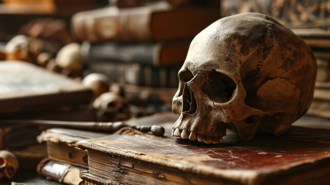 Ancient skull atop aged books and scrolls.