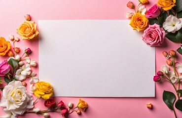 blank note paper on pink table with colourful roses border, flatlay mockup top view with copy space