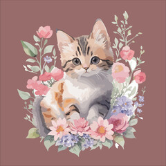Sweet Funny Cute cat kitten sitting with floral watercolor beauty flower painting eps vector illustration Suitable for trendy t-shirt, hoodie, poster, sticker, banner, mug, bag multipurpose use