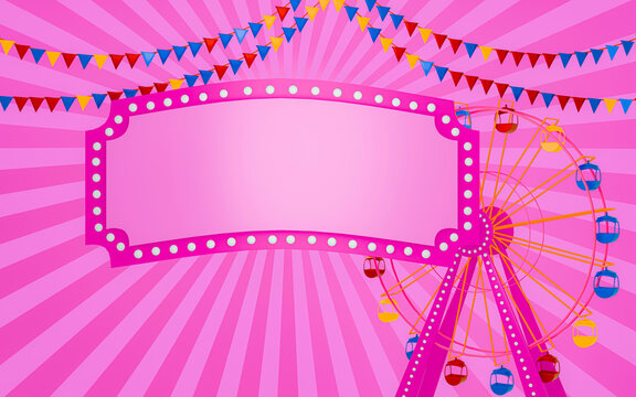Background image or wallpaper for a festival or circus, Ferris wheel and comic background. Pink beam of light switches Backdrop pop art For comic. Cartoon funny retro pattern strip mock up.