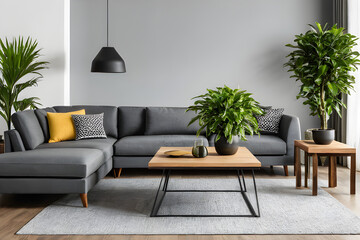 Two wooden coffee tables with plants in pots in front of gray corner sofa in fashionable living room interior