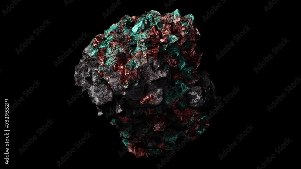 Aufkleber realistic looping 3d animation of the spinning weathered aged dark stone or piece of ore with copper