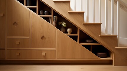 Oak veneer hidden storage cabinets beneath staircase