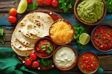 Mexican cheese dip served with tortillas and salsas - obrazy, fototapety, plakaty