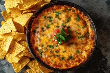 Flat lay view of yellow tortilla chips and homemade cheesy dip in bowl from above