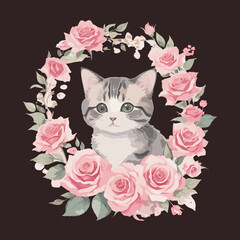 Sweet Funny Cute cat kitten sitting with floral watercolor beauty flower painting eps vector illustration Suitable for trendy t-shirt, hoodie, poster, sticker, banner, mug, bag multipurpose use