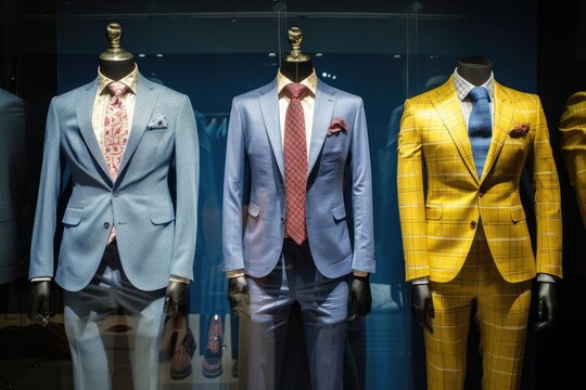Fashionable attire displayed on four male mannequins at a clothing store