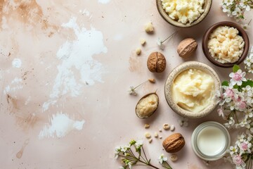 Obraz na płótnie Canvas Background on assortment of shea butter beauty treatments