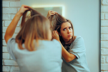 Woman Checking her Hair Looking for Premature Aging Signs. Unhappy lady experiencing hair loss and dandruff problems 

