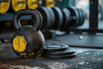 Yellow marked kettlebell accompanied by weights and plates