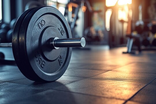 Selective focus on iron weight plate attached to barbell on gym floor with blurred weight lifting machine in background for muscle building with copy space Sport