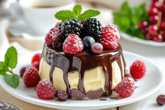 Chocolate and fruit ganache pudding with condensed milk presented as a tasty image