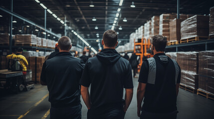 the essence of men collaborating seamlessly in a warehouse, each contributing to the smooth operation of the facility