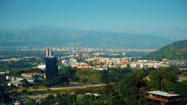 Studio City, California, United States &ndash; April 16, 2019: Universal Citywalk overlook. Hogwarts Cattle. Universal City Theme Park aerial view. Breathtaking look at busy city from the Hollywood hills.