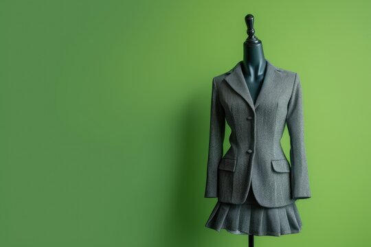 Full length photo of a stylish female mannequin in a gray suit on a green background