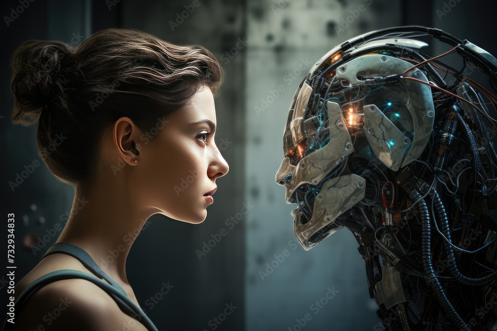 Poster machine vs human: ai robot and man facing each other, the concept of confrontation between humanity 