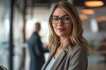 Naklejka premium Stylish modern businesswoman using tablet at work meeting with colleague in background