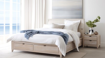 Image of a white-washed wooden bed frame with hidden under bed storage, evoking a breezy coastal feel