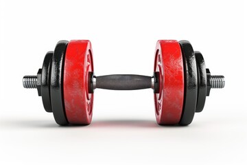 Front view of a dumbbell with red plates used for weight training and weightlifting in a gym isolated on a white background