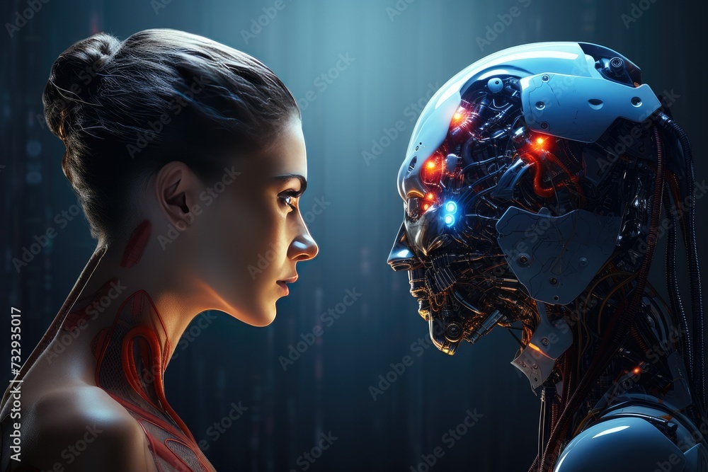 Aufkleber machine vs human: ai robot and man facing each other, the concept of confrontation between humanity 