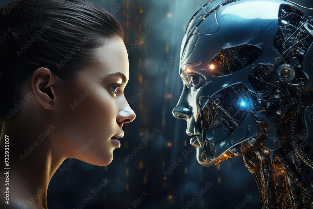 Poster machine vs human: ai robot and man facing each other, the concept of confrontation between humanity 