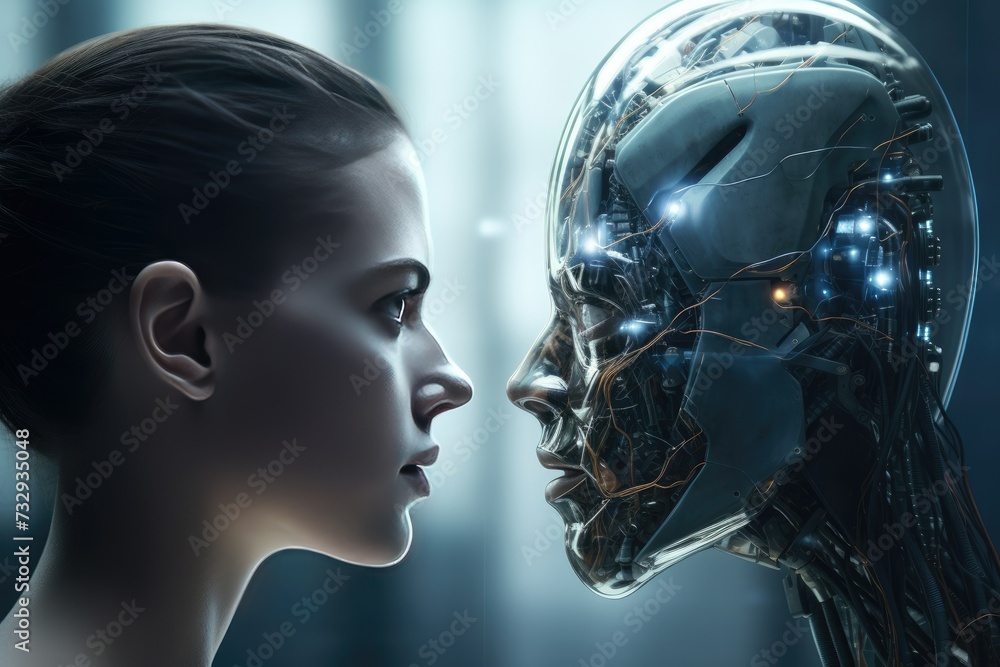 Aufkleber machine vs human: ai robot and man facing each other, the concept of confrontation between humanity 