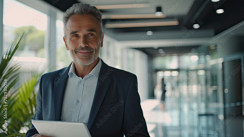 Poster Happy middle aged business man ceo wearing suit standing in office using digital tablet. Smiling mature businessman professional executive manager looking away - generative ai