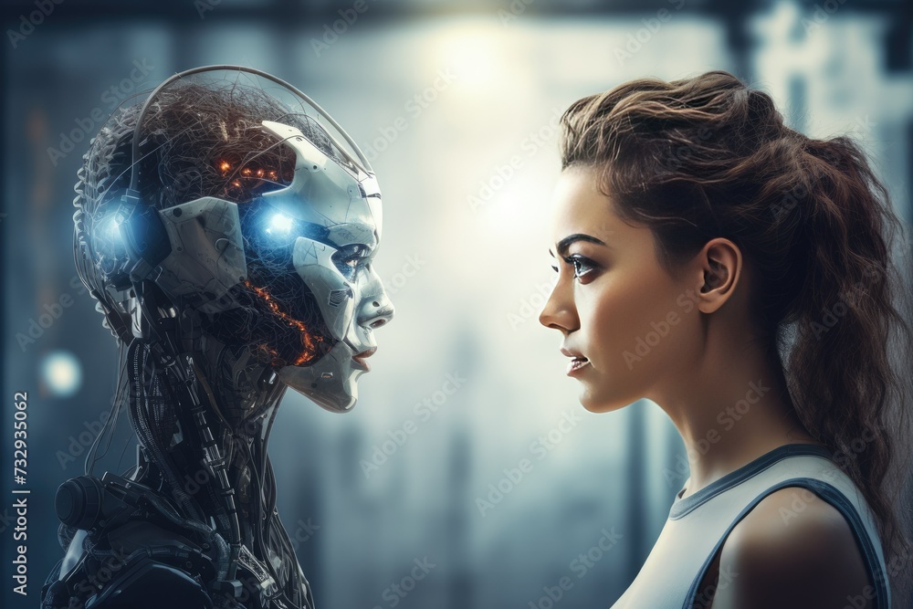 Aufkleber machine vs human: ai robot and man facing each other, the concept of confrontation between humanity 