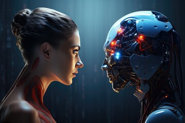 Machine vs human: AI robot and man facing each other, The concept of confrontation between humanity and artificial intelligence ,Ai generated