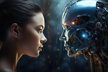 Machine vs human: AI robot and man facing each other, The concept of confrontation between humanity and artificial intelligence ,Ai generated