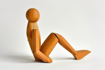 A high quality photo of a wooden man isolated on a white background holding his leg