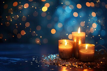 Burning candles on a dark blue background with golden bokeh for a solemn event