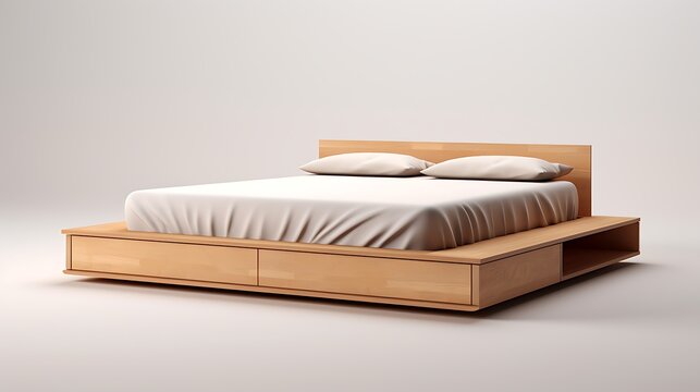 Image of a simple, raised platform bed with pull-out drawers for under bed storage, featuring light wood tones and clean lines