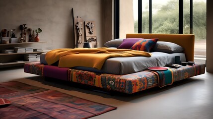 Image of a low-profile bed with concealed storage drawers, adorned with bohemian textiles and layered patterns