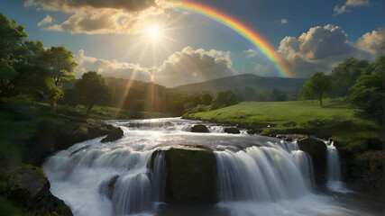 In the beginning God created the heavens and the earth" Genesis 1:1. Landscape with a waterfall and a sun in the sky