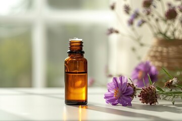 Essential oil bottle on bright surface