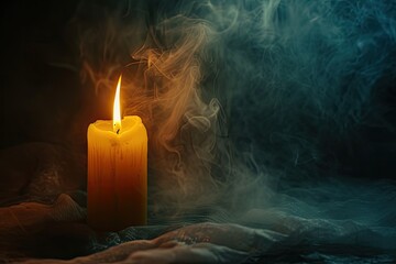 Candle aflame amidst dim and smoky surroundings
