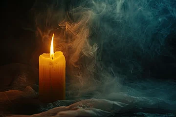 Fotobehang Candle aflame amidst dim and smoky surroundings © VolumeThings